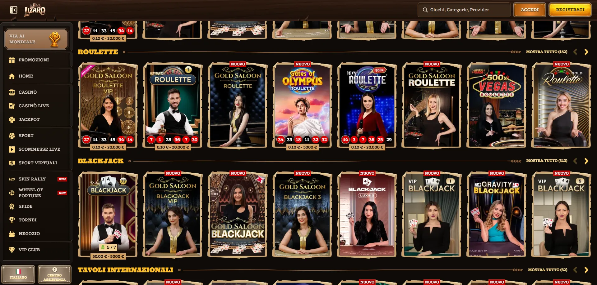 Lizaro Casino giochi da casinò live dealer slot e tavoli in diretta