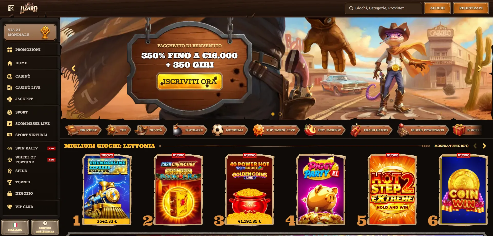 Lizaro Casino Italia panoramica homepage giochi e bonus 2026
